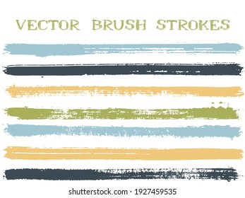 Mottled ink brush strokes isolated design elements. Set of paint lines. Retro Ink brushe stripes isolated on white, vector color palette samples.