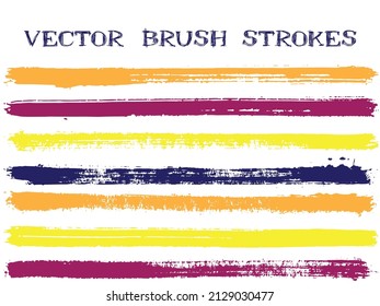 Mottled ink brush strokes isolated design elements. Set of paint lines. Modern Ink brushe stripes isolated on white, vector colors guide book samples.