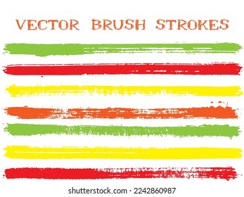 Mottled ink brush strokes isolated design elements. Set of paint lines. Artistic Ink brushe stripes isolated on white, vector colors guide book samples.
