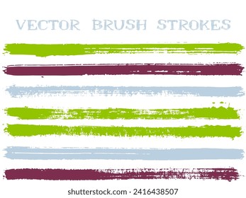 Mottled ink brush strokes isolated design elements. Set of paint lines. Distressed Ink brushe stripes isolated on white, vector color scheme samples.