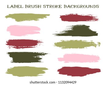 Mottled label brush stroke backgrounds, paint or ink smudges vector for tags and stamps design. Painted label backgrounds patch. Interior paint color palette elements. Ink stains, cherry green spots.