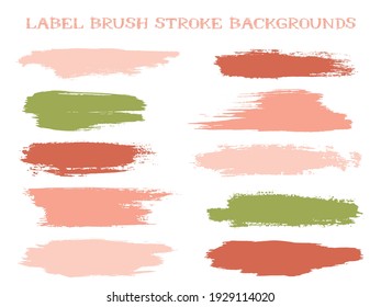 Mottled label brush stroke backgrounds, paint or ink smudges vector for tags and stamps design. Painted label backgrounds patch. Interior paint color palette elements. Ink dabs, red green splashes.