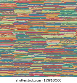 Mottled Mangled Messed Up Colorful thin horizontal stripes spliced with thick vertical stripes.  Seamless repeat vector pattern. Trendy.