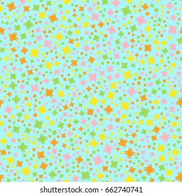 Mottled pattern with orange, green, yellow, rose shapes on cyan backdrop. Seamless vector