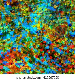 Mottled seamless pattern. Colorful spots and lines of different sizes. Shuffle randomly. Blue, yellow, green and red. For tissue, wrapping paper, wallpaper, printing.