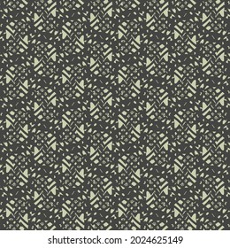 Mottled textile design made of a few fragments and several tiny symbols. Flecked grid pattern in black and gray.
