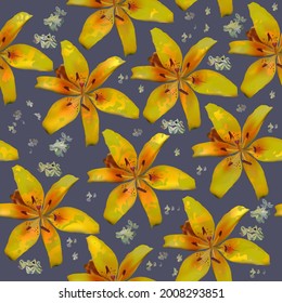 Mottled yellow Lily on dark gray background. Floral seamless pattern, EPS 10 vector