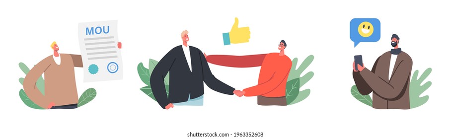 MOU Agreement Partnership Concept. Businesspeople Characters Sign Memorandum of Understanding Document That Describe Broad Outlines of Agreement That Parties Reach. Cartoon People Vector Illustration