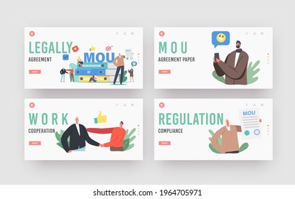 MOU Legally Agreement Landing Page Template Set. Businesspeople Characters with Memorandum of Understanding Document That Describe Broad Outlines of Parties. Cartoon People Vector Illustration