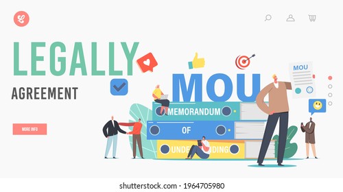 MOU Legally Agreement Landing Page Template. Tiny Businesspeople Characters around Huge Pile of Memorandum of Understanding Document That Describe Broad Outlines. Cartoon People Vector Illustration