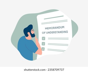 MoU - Memorandum of Understanding legal document contract concept. Drawn man character reads MOU contract before signing it. Vector isolated illustration on white background with icons