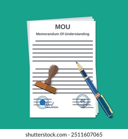 mou memorando de entendimento documento legal acordo carimbo selo. Ilustração vetorial em estilo plano