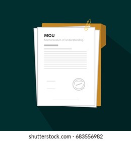 MOU memorandum of understanding legal document agreement stamp seal, illustration paper with stamp seal, clip and folder.