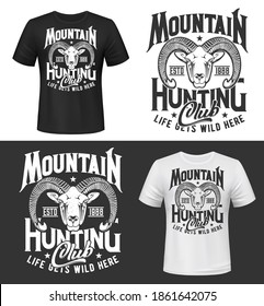 Mouflon sheep hunting club t-shirt print mockup, vector wild animals hunt icon. Hunter sport club and safari adventure symbol for t shirt print with mountain sheep or mouflon head muzzle