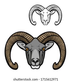 Mouflon sheep wild animal muzzle, vector hunter club icon. Hunting sport and hunt adventure, wild mouflon buffalo ram with curved horns, zoo symbol