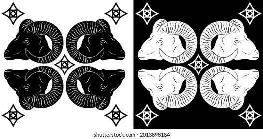 Mouflon symbol vector art. Black and white illustration.Art for playing cards or other print.