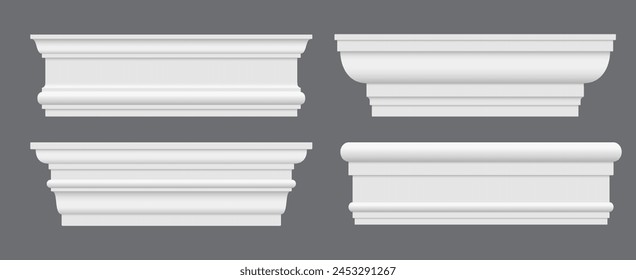 Moulding cornice, trim molding, house ledge. Plaster, wooden or styrofoam interior wall skirting baseboard. Realistic 3d vector white ceiling crowns, elegant architectural details to a room upper edge