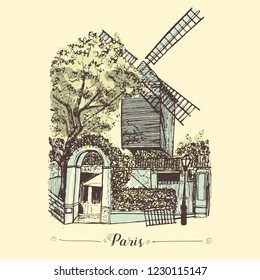 Moulin de la Galette hand drawn sketch. Paris famous touristic site vector. Montmartre district's symbol.