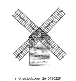 The Moulin de la Galette. Vector black-and-white, hand-drawn graphic illustration. A windmill located in the upper part of the Montmartre district in Paris. Isolated drawing on a white background.