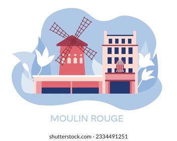 Moulin Rouge, Frankreich Reisen nach Frankreich, Französisch lernen. Wahrzeichen Frankreichs. Flaches Design, Vektorgrafik.