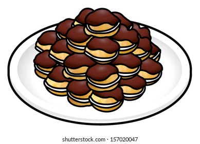 A mound of chocolate dipped, cream-filled profiteroles on a white plate.