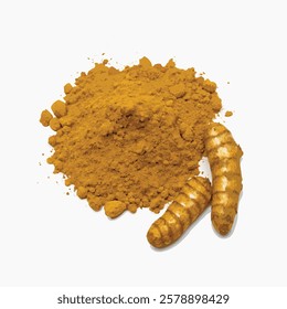 a mound of ground turmeric and pieces of turmeric on white background