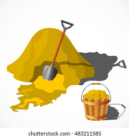 Mound of sand. Heap of sand, spade and wooden bucket. Vector illustration.