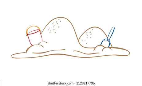 mound of sand with paddle and bucket vector outline illustration isolated on white background