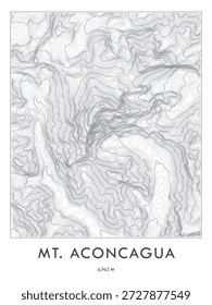 Monte o mapa topográfico do Aconcagua impresso. Linhas de contorno minimalistas arte.