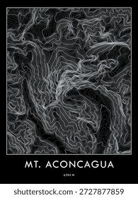 Mapa topográfico do Monte Aconcagua impresso em tema escuro. Linhas de contorno minimalistas arte.
