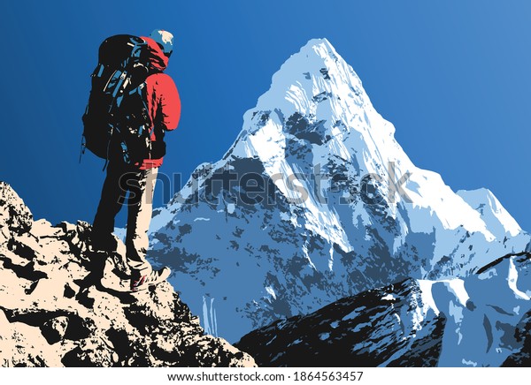 Mount\
Ama Dablam with hiker, mountain vector\
illustration