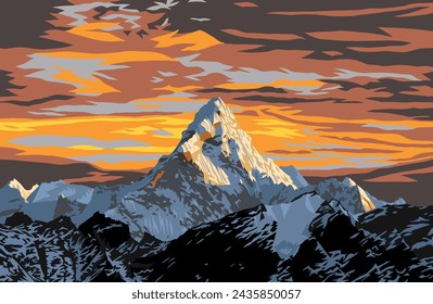 mount Ama Dablam peak with beautiful sunset sky on the way to Everest base camp, vector illustration, Khumbu valley, Sagarmatha national park, Everest area, Nepal Himalayas mountains