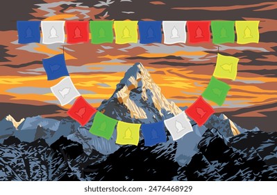 mount Ama Dablam peak with beautiful sunset sky and buddhist prayer flags, vector illustration, Khumbu valley, Sagarmatha national park, Everest area, Nepal Himalayas mountains