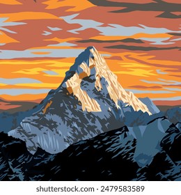 Monte Ama Dablam pico con hermoso atardecer en el camino al campamento base del Everest, Ilustración vectorial, valle de Khumbu, parque nacional de Sagarmatha, área del Everest, Nepal Himalayas montañas