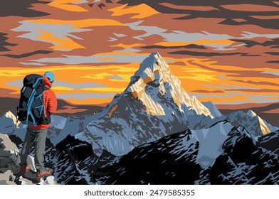 mount Ama Dablam peak with beautiful sunset sky and hiker on the way to Everest base camp, vector illustration, Khumbu valley, Sagarmatha national park, Everest area, Nepal Himalayas mountains