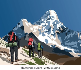 Monte Ama Dablam con tres excursionistas, ilustración del vector de montaña de camino al campamento base del Everest en el Monte Ama, montañas del Himalayas de Nepal