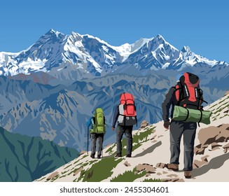 Mount Annapurna peak as seen from Jaljala pass and three hikers vector illustration, Nepal Himalayas mountains