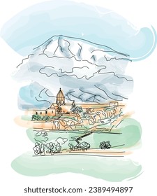 Mount Ararat in Armenia. Sunrise over Ararat in Armenia with Khor Virap Monastery, vector illustration