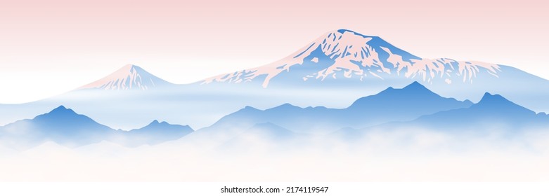 Mount Ararat rises above the clouds, dawn, panoramic view. Vector illustration.