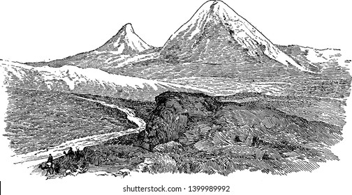 Mount Ararat which is a dormant volcanic cone in Turkey and is approximately 25 miles in diameter, vintage line drawing or engraving illustration.