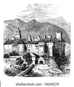 Mount Athos, the Holy Mountain, Akto, Acte or Akte, Macedonia, Greece. Vintage engraving. Old engraved illustration of Mount Athos. It is a mountain and peninsula in Macedonia, Greece.