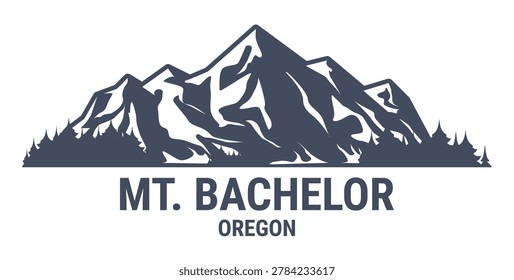 Mount Bachelor ski resort, Oregon, Cascade Range USA, sticker with mountains and forest, vector