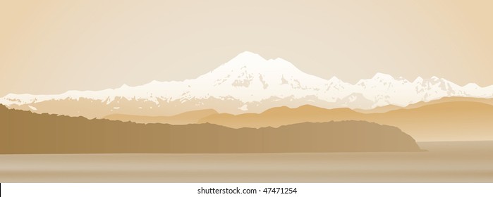 Mount Baker Washington panoramic in sepia. Looking over the straight from Vancouver Island.