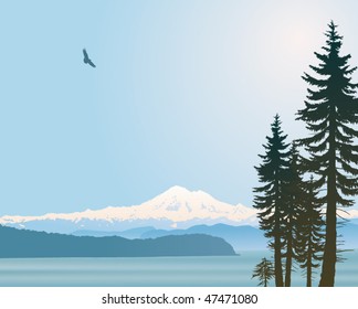 Mount Baker Washington State vector illustration. Looking over the straight from Vancouver Island.