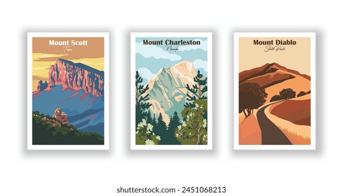 Mount Charleston, Nevada, Mount Diablo, State Park, Mount Scott, Texas - Vintage travel poster. Vector illustration. High quality prints