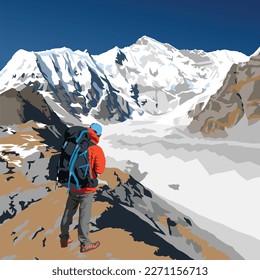 Monte Cho Oyu y excursionista en una chaqueta roja con una gran mochila, ilustración vectorial, valle de Gokyo, valle de Khumbu, zona del Everest, montañas Nepal himalayas