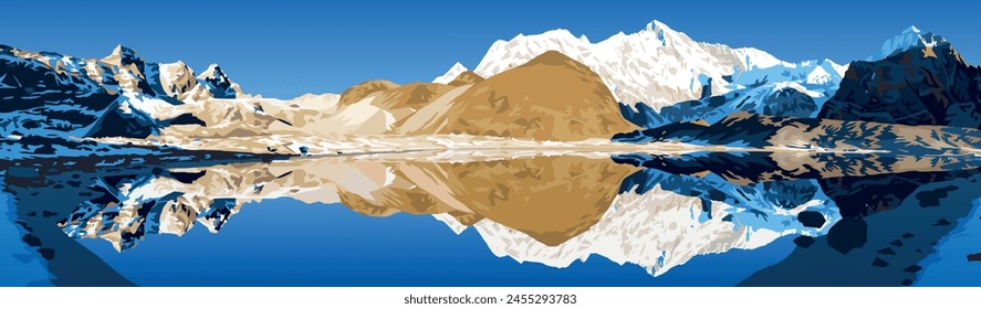 Monte Cho Oyu reflejado en la superficie del lago, campo base Cho Oyu, vista de la mañana, Ilustración vectorial, valle de Gokyo, valle de Khumbu, área del Everest, parque nacional Sagarmatha, montañas del himalaya Nepal