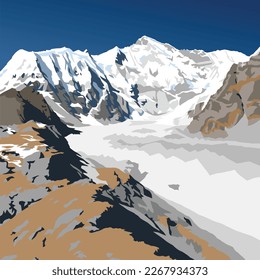 Monte Cho Oyu, ilustración vectorial, valle de Gokyo, valle de Khumbu, zona del Everest, montañas himalayas de Nepal