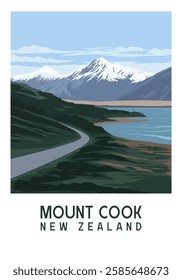 Mount Cook, New Zealand. Nature landscape travel poster