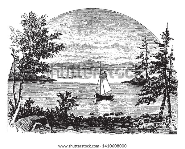 Mount Desert Island is the largest island\
off the coast of Maine With an area of 108 square miles, vintage\
line drawing or engraving\
illustration.